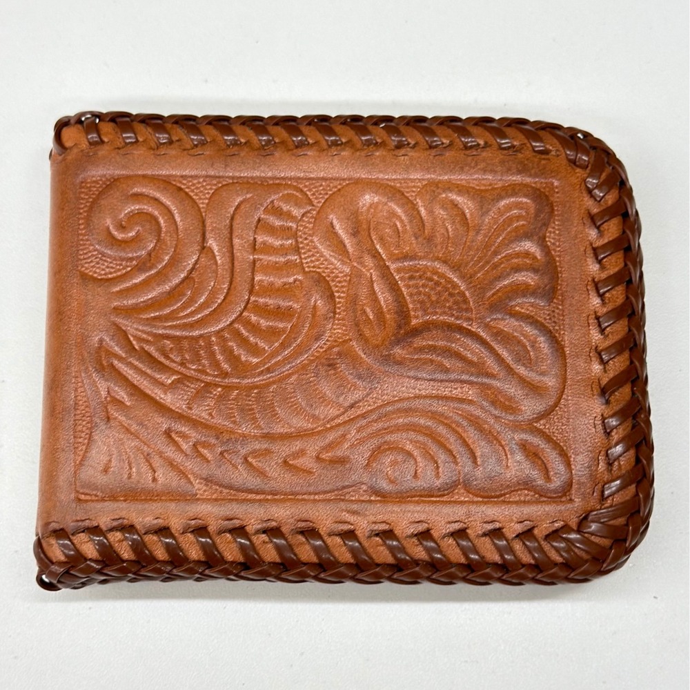 Vintage Hand Tooled Leather Wallet Brown Bifold Western Floral Whipstitch Laced